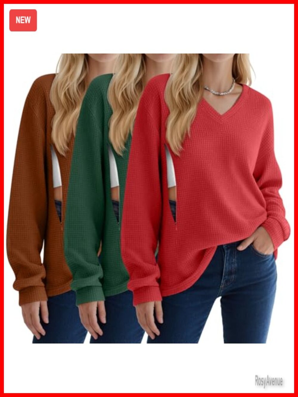 3 Pack Women's Nursing Sweatshirts Long Sleeve Waffle Knit V-Neck Pullover